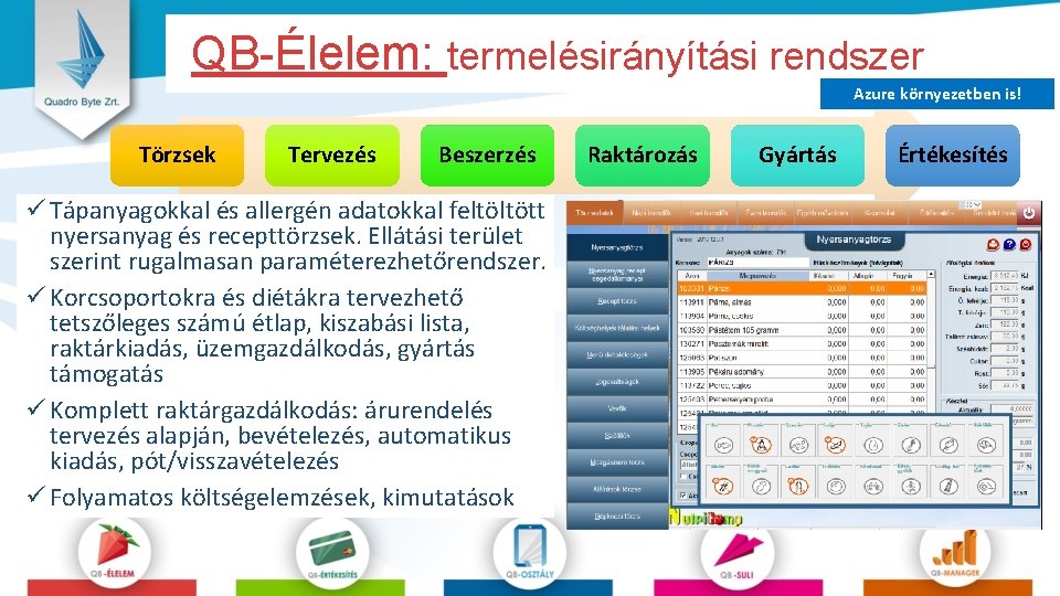 QB-Élelem: termelésirányítási rendszer Azure környezetben is! Törzsek Tervezés Beszerzés ü Tápanyagokkal és allergén adatokkal