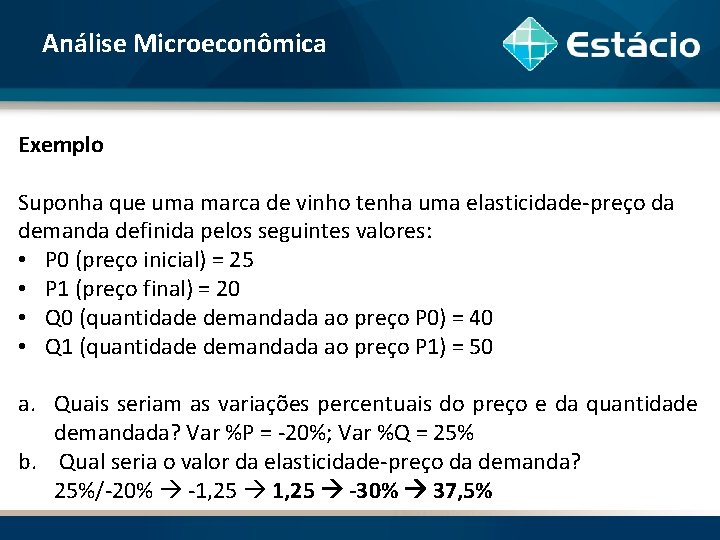 Análise Microeconômica Exemplo Suponha que uma marca de vinho tenha uma elasticidade-preço da demanda