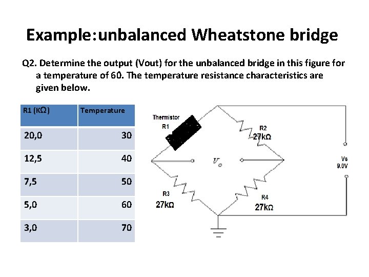 Example: unbalanced Wheatstone bridge Q 2. Determine the output (Vout) for the unbalanced bridge