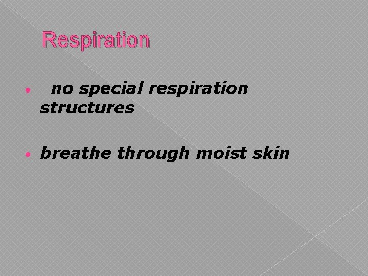 Respiration • no special respiration structures • breathe through moist skin 