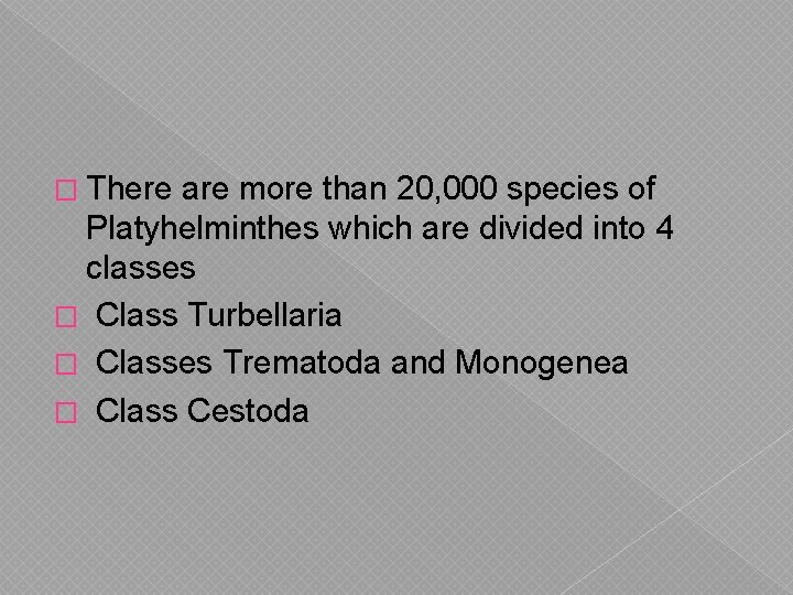 � There are more than 20, 000 species of Platyhelminthes which are divided into � There are more than 20, 000 species of Platyhelminthes which are divided into