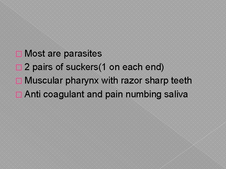 � Most are parasites � 2 pairs of suckers(1 on each end) � Muscular
