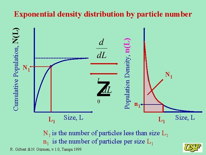 Population Density, n(L) Cumulative Population, N(L) Exponential density distribution by particle number N 1