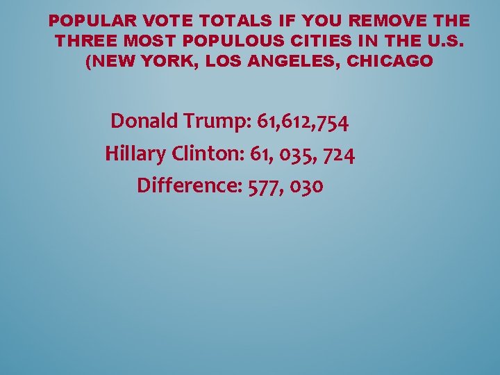 POPULAR VOTE TOTALS IF YOU REMOVE THREE MOST POPULOUS CITIES IN THE U. S.