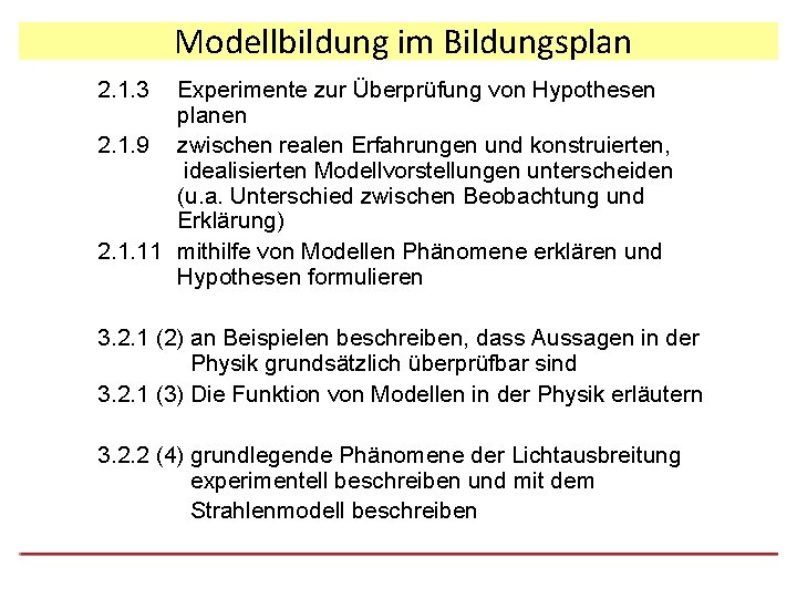 Modellbildung im Bildungsplan 2. 1. 3 Experimente zur Überprüfung von Hypothesen planen 2. 1.