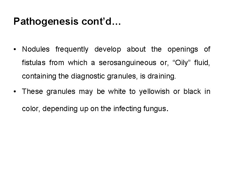 Pathogenesis cont’d… • Nodules frequently develop about the openings of fistulas from which a