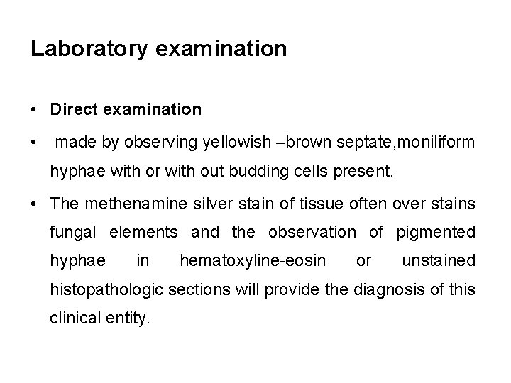 Laboratory examination • Direct examination • made by observing yellowish –brown septate, moniliform hyphae