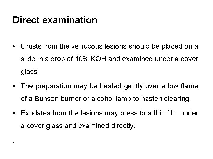 Direct examination • Crusts from the verrucous lesions should be placed on a slide