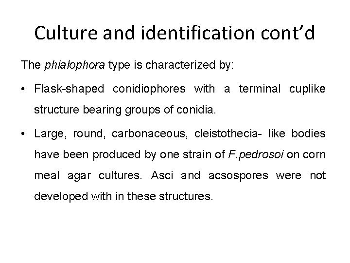 Culture and identification cont’d The phialophora type is characterized by: • Flask-shaped conidiophores with