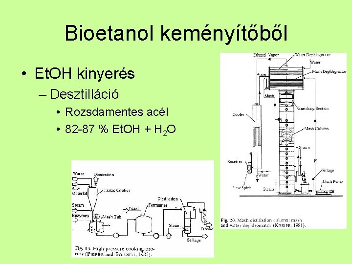 Bioetanol keményítőből • Et. OH kinyerés – Desztilláció • Rozsdamentes acél • 82 -87