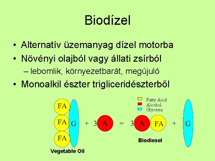 Biodízel • Alternatív üzemanyag dízel motorba • Növényi olajból vagy állati zsírból – lebomlik,