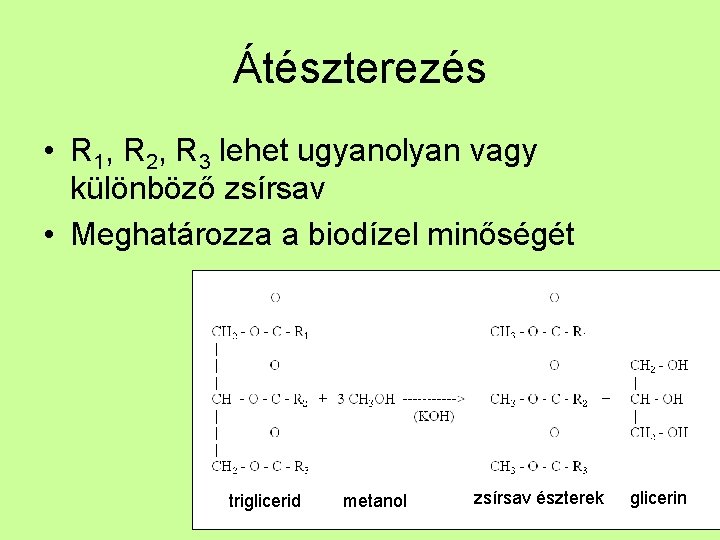 Átészterezés • R 1, R 2, R 3 lehet ugyanolyan vagy különböző zsírsav •