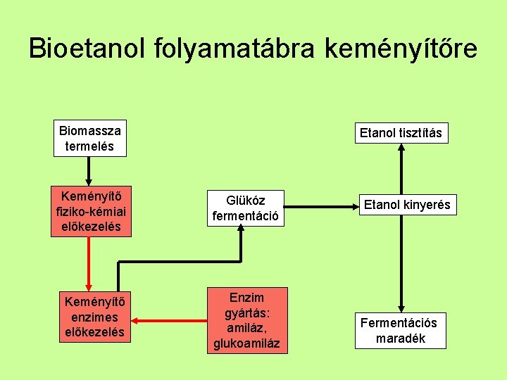 Bioetanol folyamatábra keményítőre Biomassza termelés Etanol tisztítás Keményítő fiziko-kémiai előkezelés Glükóz fermentáció Keményítő enzimes