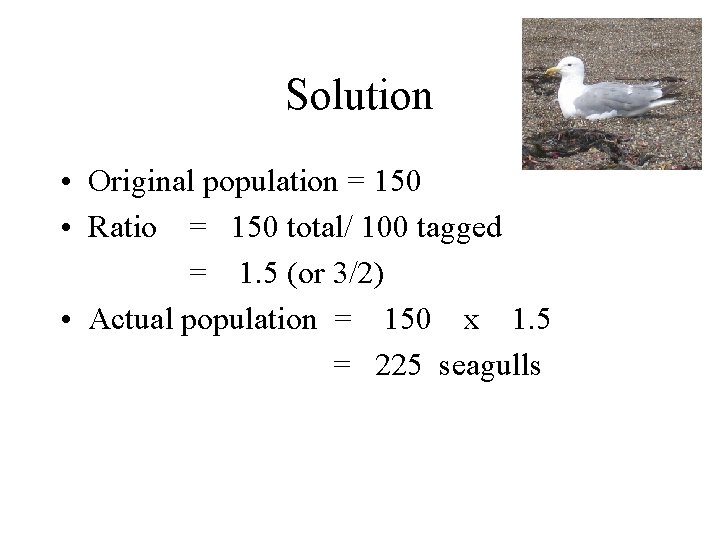 Solution • Original population = 150 • Ratio = 150 total/ 100 tagged =