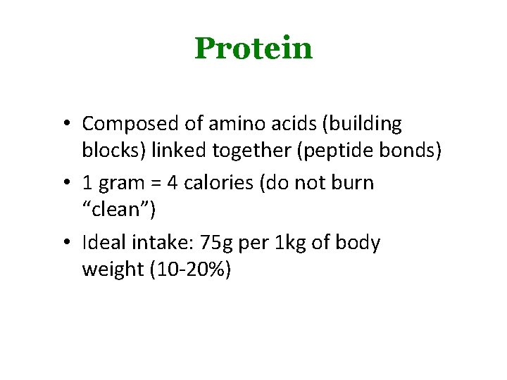 Protein • Composed of amino acids (building blocks) linked together (peptide bonds) • 1