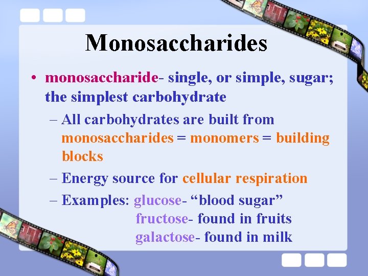 Monosaccharides • monosaccharide- single, or simple, sugar; the simplest carbohydrate – All carbohydrates are