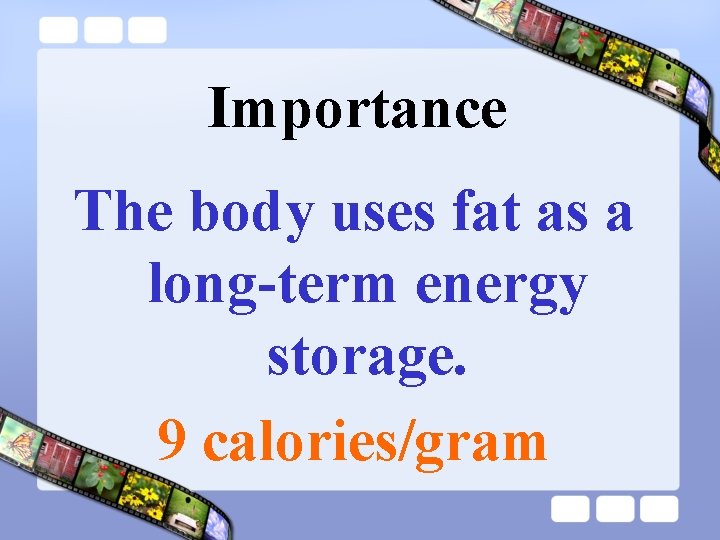 Importance The body uses fat as a long-term energy storage. 9 calories/gram 