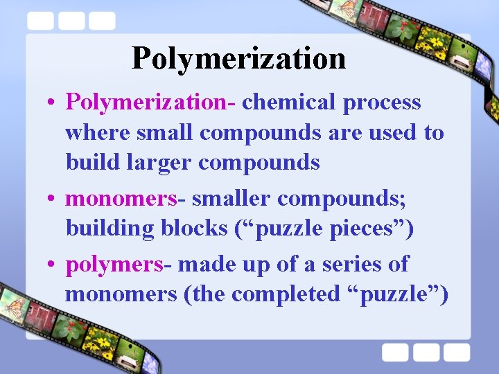 Polymerization • Polymerization- chemical process where small compounds are used to build larger compounds