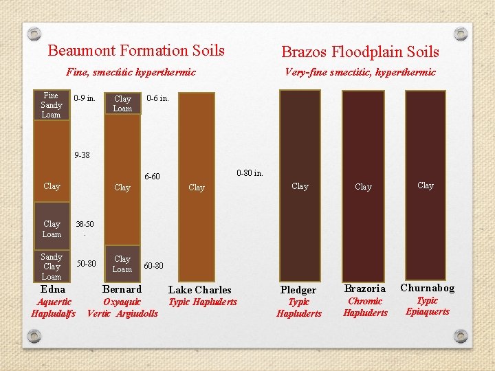 Beaumont Formation Soils Brazos Floodplain Soils Very-fine smectitic, hyperthermic Fine, smectitic hyperthermic Fine Sandy