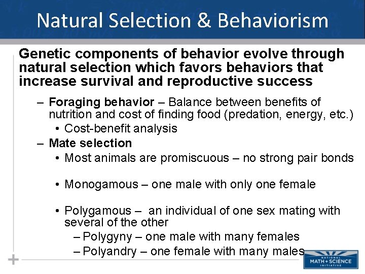 Natural Selection & Behaviorism Genetic components of behavior evolve through natural selection which favors