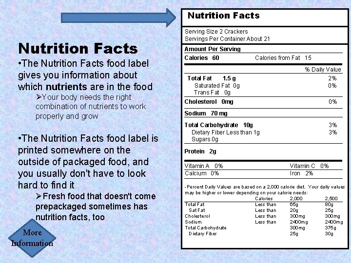 Nutrition Facts • The Nutrition Facts food label gives you information about which nutrients
