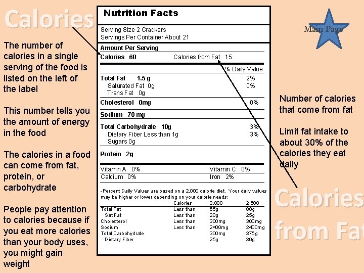 Calories The number of calories in a single serving of the food is listed