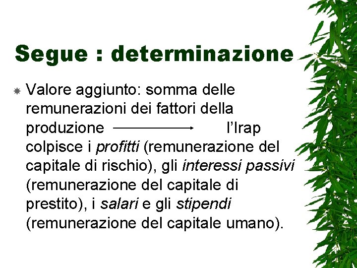 Segue : determinazione Valore aggiunto: somma delle remunerazioni dei fattori della produzione l’Irap colpisce