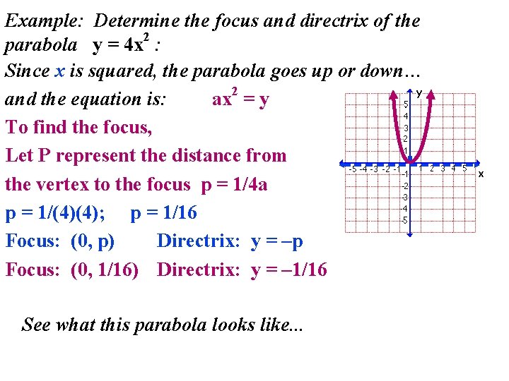Example: Determine the focus and directrix of the 2 parabola y = 4 x