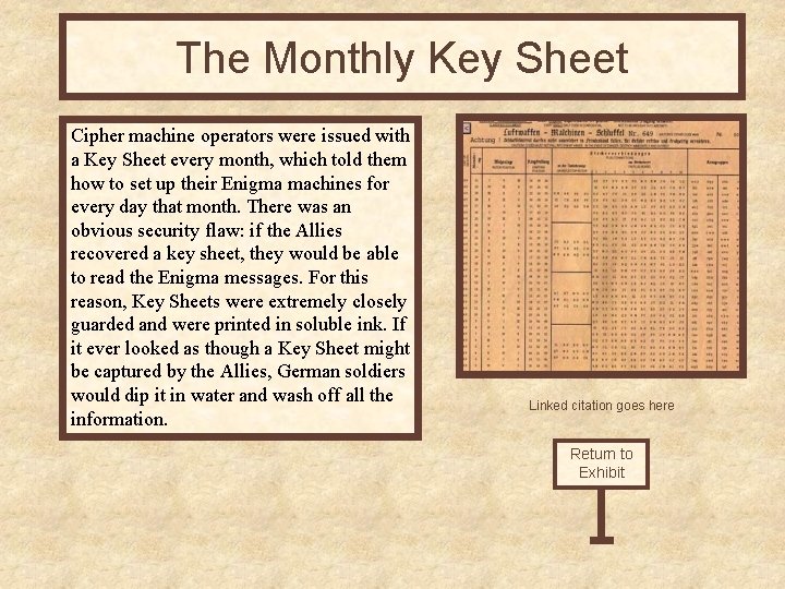The Monthly Key Sheet Cipher machine operators were issued with a Key Sheet every