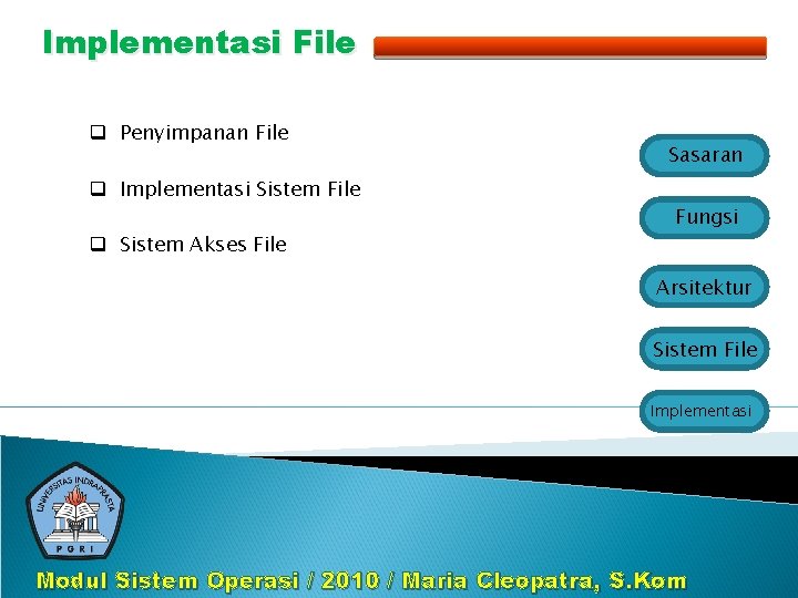 Implementasi File q Penyimpanan File q Implementasi Sistem File q Sistem Akses File Sasaran