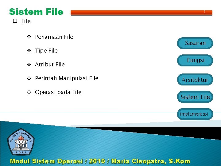 Sistem File q File v Penamaan File v Tipe File v Atribut File v