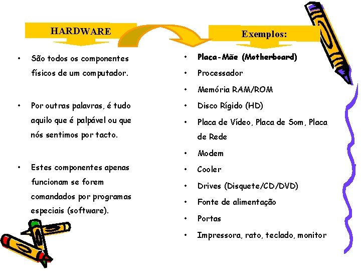 HARDWARE • • Exemplos: São todos os componentes • Placa-Mãe (Motherboard) físicos de um