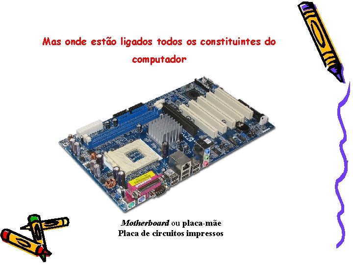 Mas onde estão ligados todos os constituintes do computador Motherboard ou placa-mãe Placa de