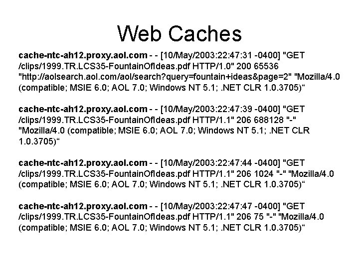 Web Caches cache-ntc-ah 12. proxy. aol. com - - [10/May/2003: 22: 47: 31 -0400]