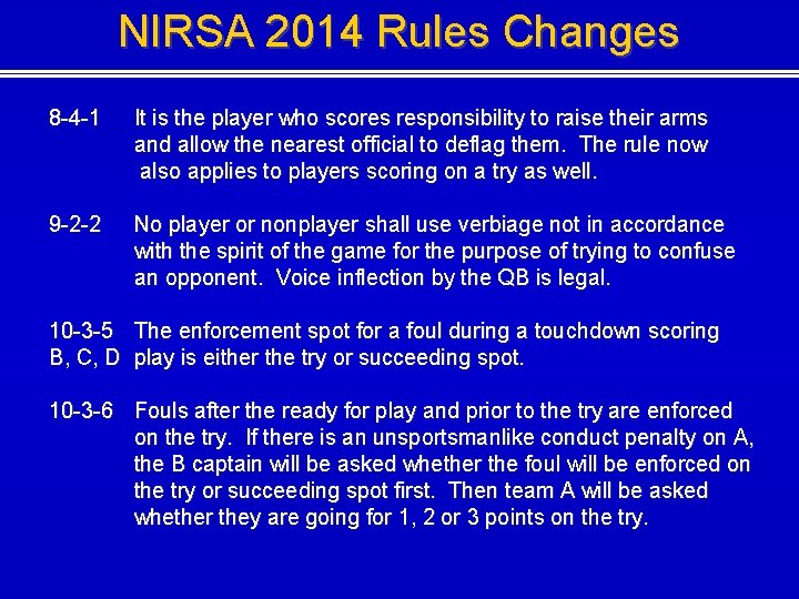 NIRSA 2014 Rules Changes 8 -4 -1 It is the player who scores responsibility