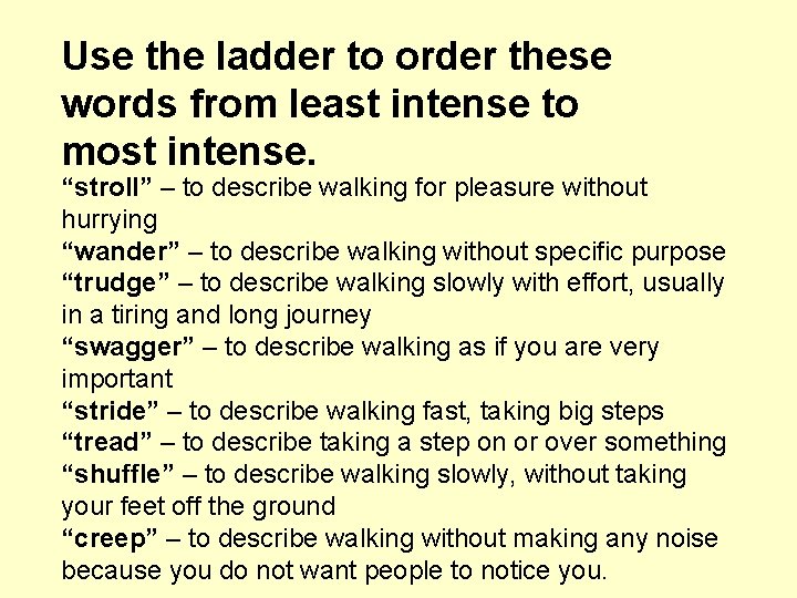 Use the ladder to order these words from least intense to most intense. “stroll”