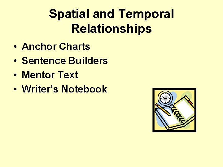 Spatial and Temporal Relationships • • Anchor Charts Sentence Builders Mentor Text Writer’s Notebook
