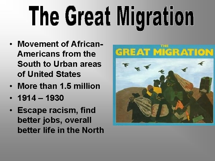  • Movement of African. Americans from the South to Urban areas of United