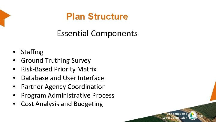 Plan Structure Essential Components • • Staffing Ground Truthing Survey Risk-Based Priority Matrix Database