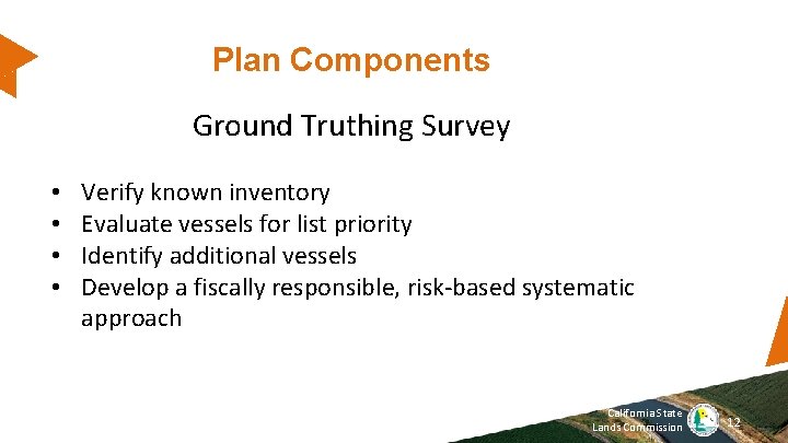 Plan Components Ground Truthing Survey • • Verify known inventory Evaluate vessels for list