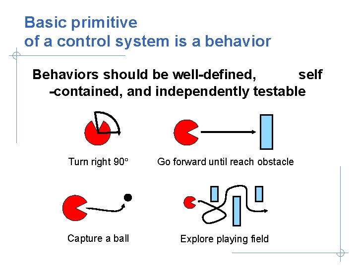 Basic primitive of a control system is a behavior Behaviors should be well-defined, self