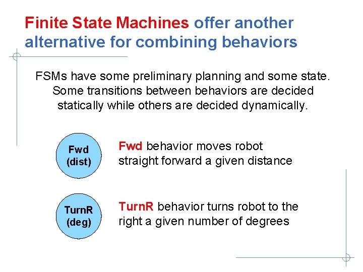 Finite State Machines offer another alternative for combining behaviors FSMs have some preliminary planning