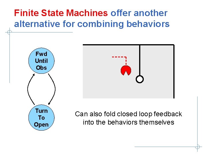 Finite State Machines offer another alternative for combining behaviors Fwd Until Obs Turn To