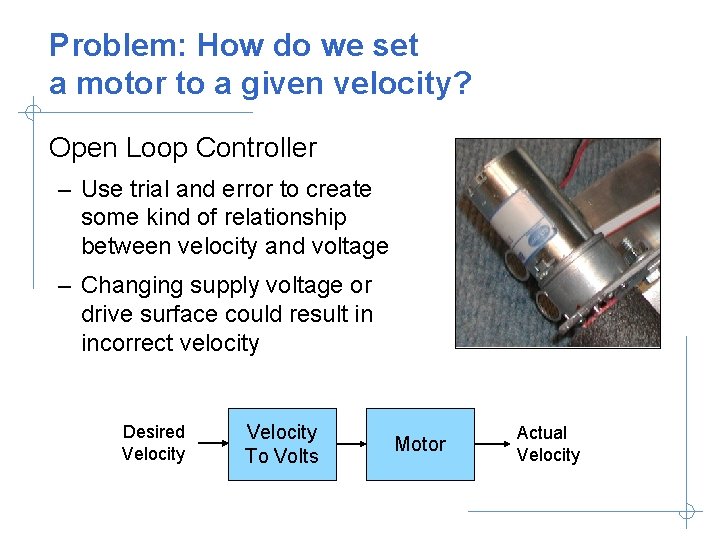 Problem: How do we set a motor to a given velocity? Open Loop Controller