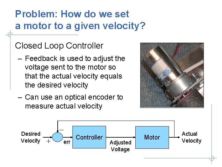 Problem: How do we set a motor to a given velocity? Closed Loop Controller