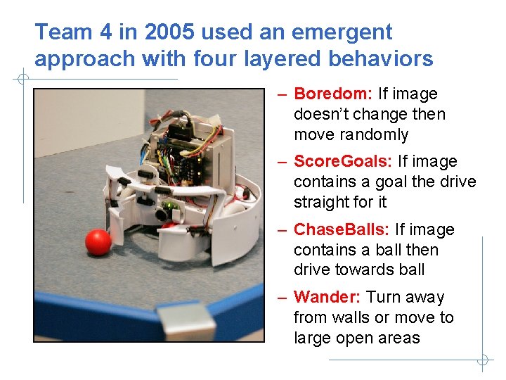 Team 4 in 2005 used an emergent approach with four layered behaviors – Boredom: