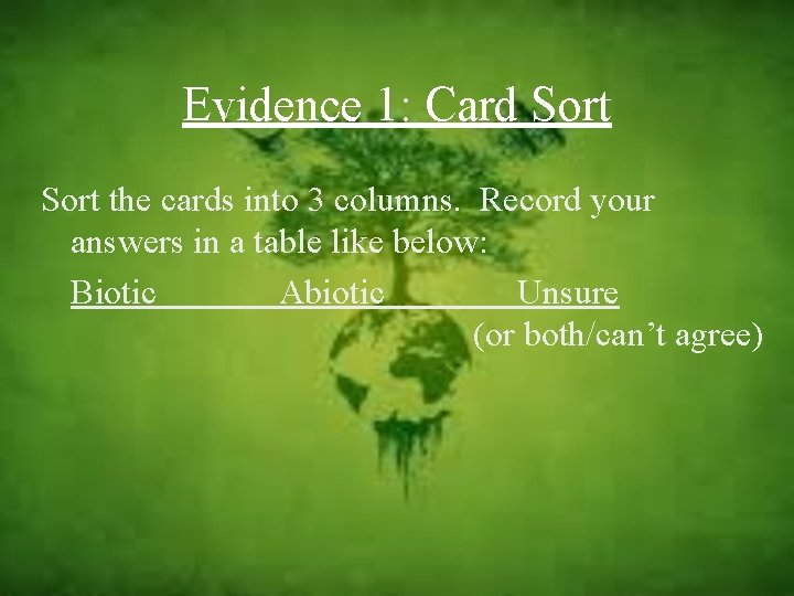 Evidence 1: Card Sort the cards into 3 columns. Record your answers in a