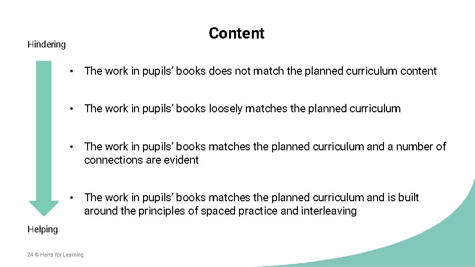 Content Hindering • The work in pupils’ books does not match the planned curriculum