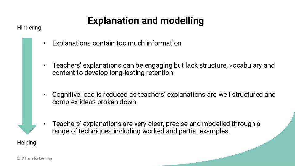 Explanation and modelling Hindering • Explanations contain too much information • Teachers’ explanations can