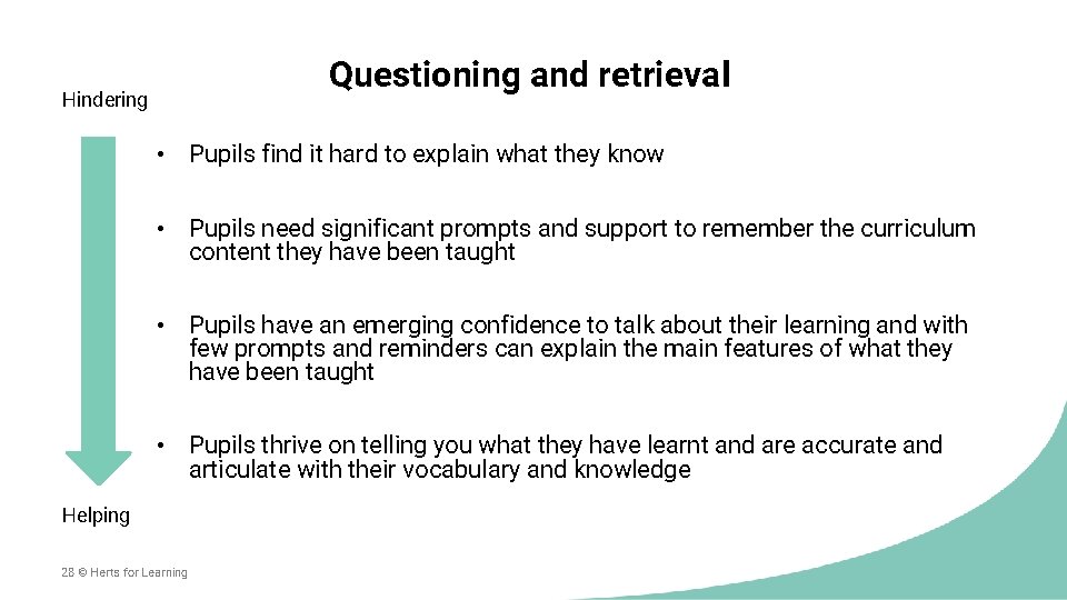 Questioning and retrieval Hindering • Pupils find it hard to explain what they know
